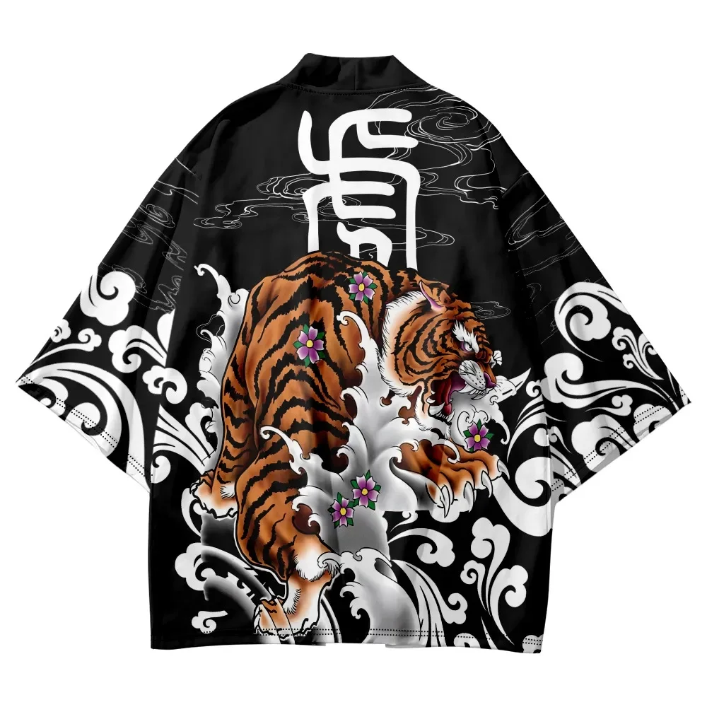 黒着物カーディガン男性女性日本の帯男性浴衣男の子羽織アニメタイガープリントコート日本の伝統的な服