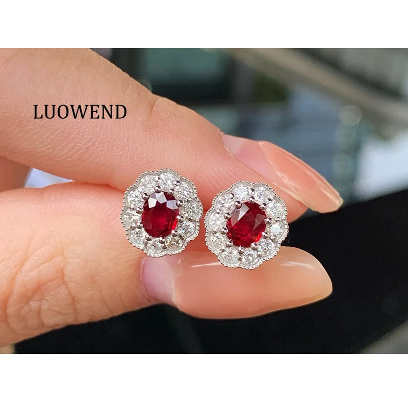 LUOWEND 100% 18K White Gold Earrings Romantic Elegant Style Shiny Diamond Natural Ruby Stud Earrings for Women Fine Jewelry