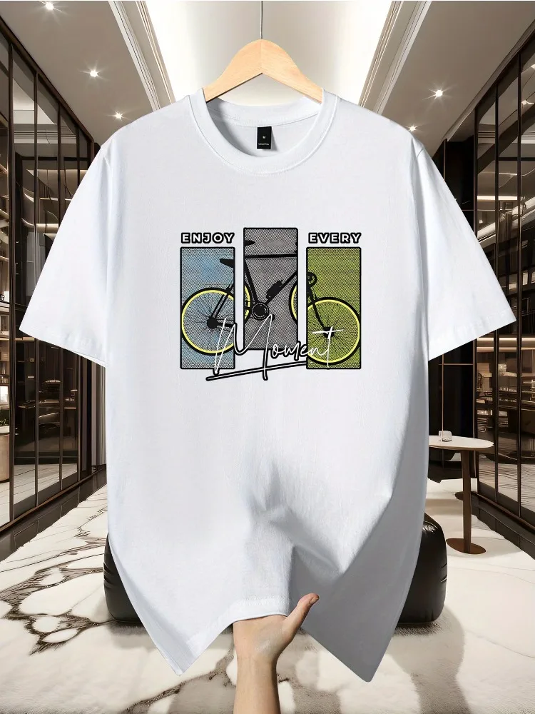 Mens Summer Crew Tee Bicycle Enjoy Every Moment Graphic Print Loose Short Sleeve Streetwear Casual Dark Grey Top For Men