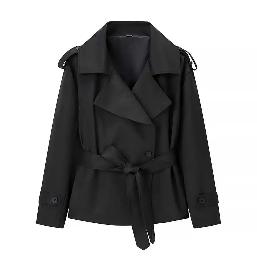 

Elegant Commute Style Polyester Fabric Long Sleeve Fashionable Short Pure Color Women's Jacket Belted Stylish Outerwear