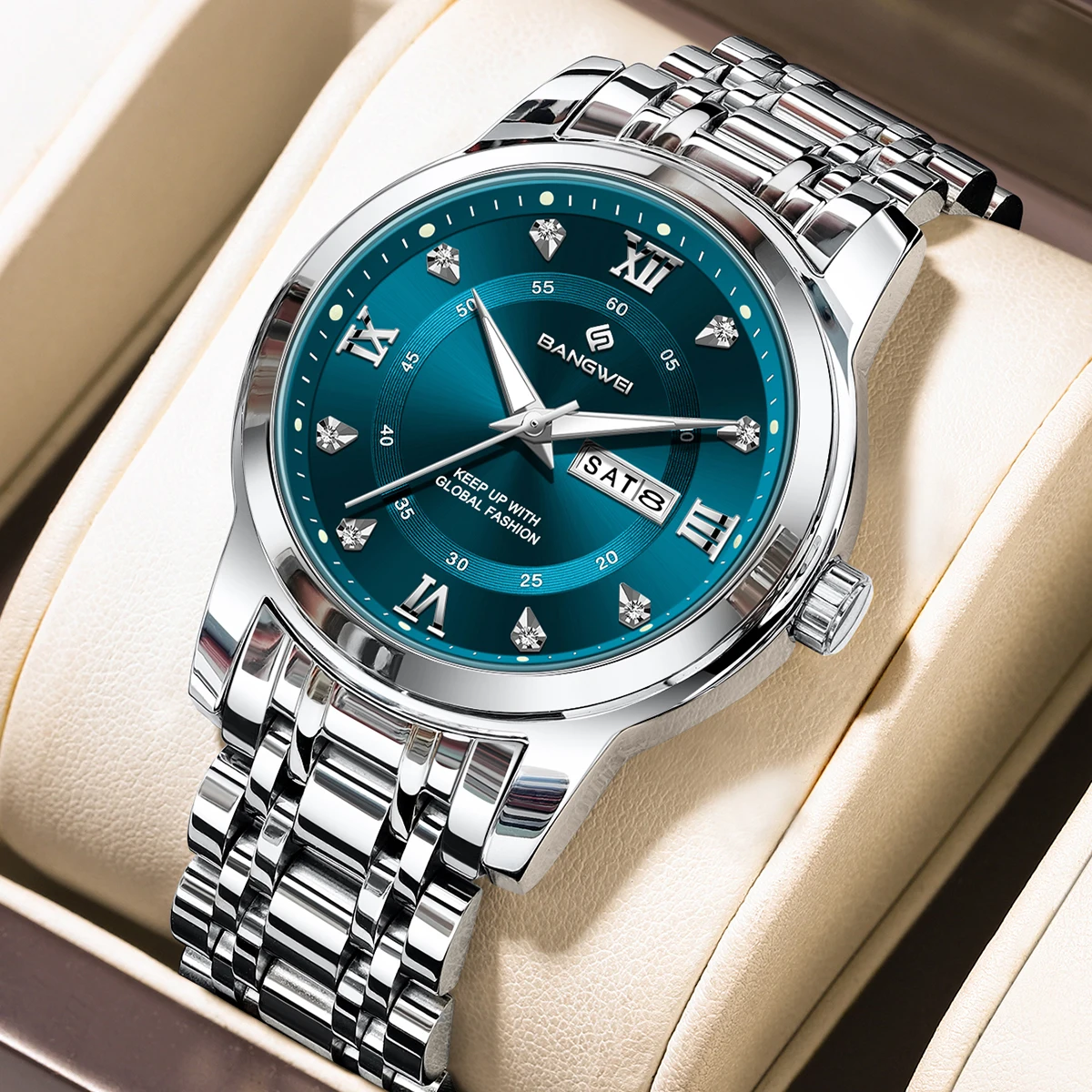 

BANGWEI New Casual Men's Luxury Watches Waterproof Luminous Date Week Men's Quartz Wristwatch Stainless Steel Creative Men Watch