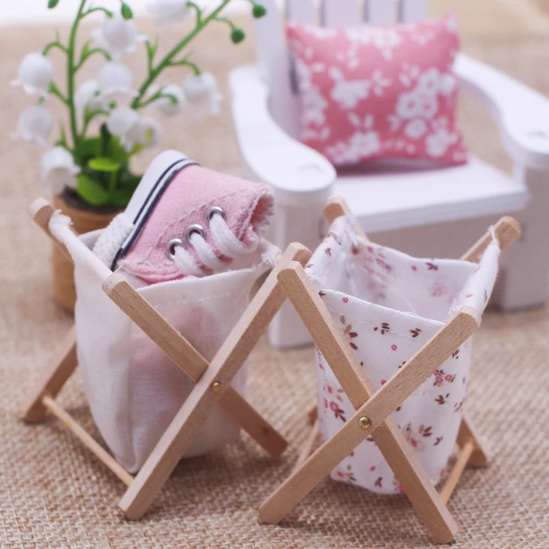 1Pc 1:12 Dollhouse Miniature Fabric Folding Dirty Clothes Basket Bathroom Bedroom Shoes Storage Basket Model Decor Kids Toys