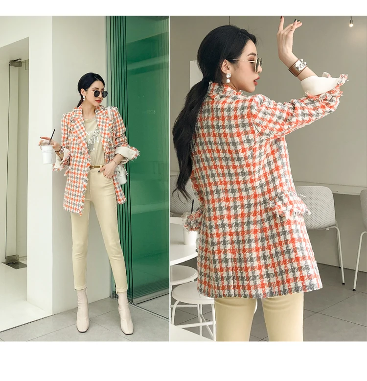 Korean Autumn  Elegant Office Lady Fashion Winter Jackets Women Tassel Vintage Plaid Tweed Coat Women Clothes Mujer