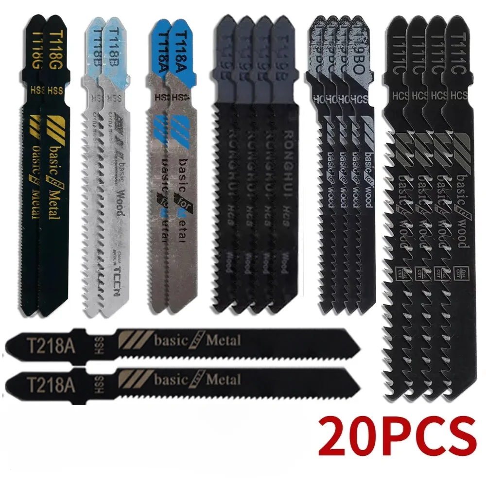 

20 Pieces Jigsaw Blades Set T-Shaft HCS Assorted Jig Saw Blades for Wood Plastic and Metal Cutting for Black & Decker Metabo