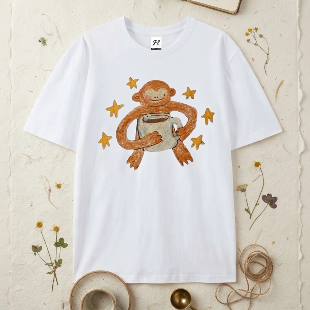 Women Cute Monkey Coffee Cup Graphic T Shirt Aesthetic Star Cartoon Print Short Sleeve Crew Neck Casual Loose Streetwear Tee Top