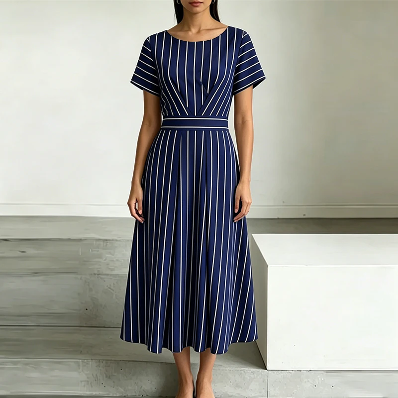 ZANZEA Stilvolles Damen-Kleid mit O-Ausschnitt und kurzen Ärmeln, gestreift, Sommerkleid, OL-Arbeitskleid, elegantes A-Linien-Midikleid mit Taille, Freizeitkleider – Detail 8