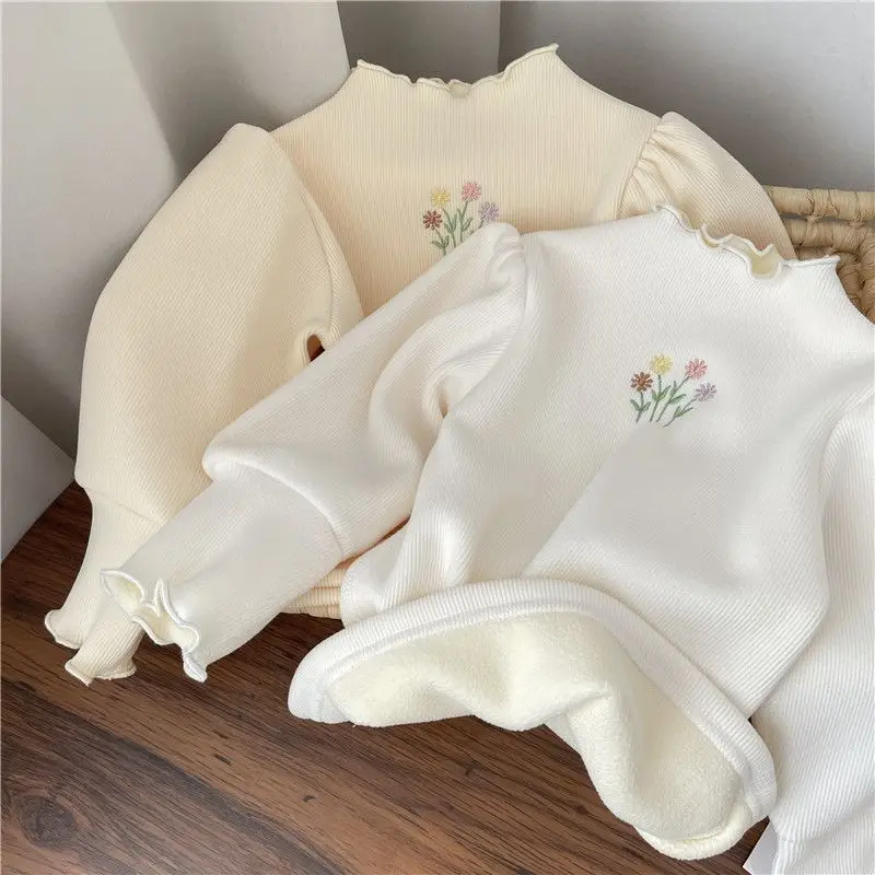 New Autumn Winter Children\'s Velvet Warm Sweatshirt Cotton Long Sleeves T-shirt Chic Baby Girls Flower Embroidery Bottoming Tops