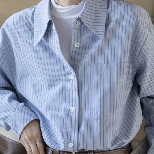 Camisas clásicas francesas a rayas azules y blancas para mujer, blusas informales de gran tamaño con solapa, Top de manga larga para primavera 2025, talla grande