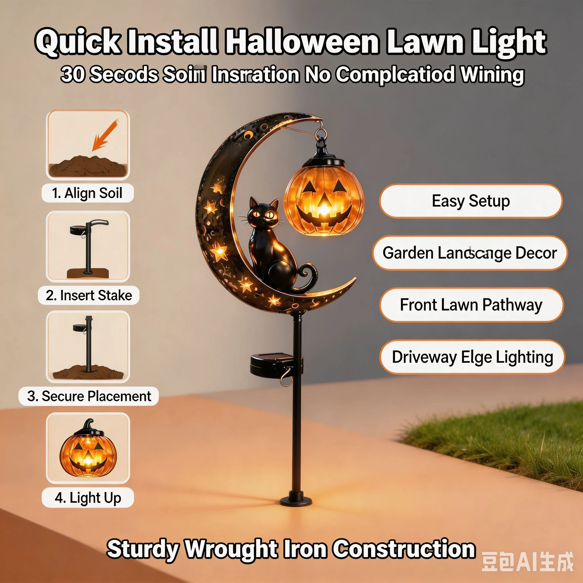 Outdoor Solar Garden Lights Halloween Fall Decorative Yard Stake Lamp Black Cat Pumpkin Waterproof Pathway Lawn Decor