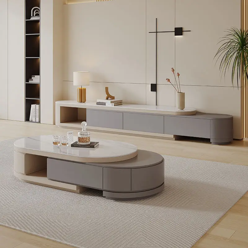 Italian  Cream-style Retractable Stone Slab Coffee Table and TV Cabinet Integrated Modern Minimalist Living Room