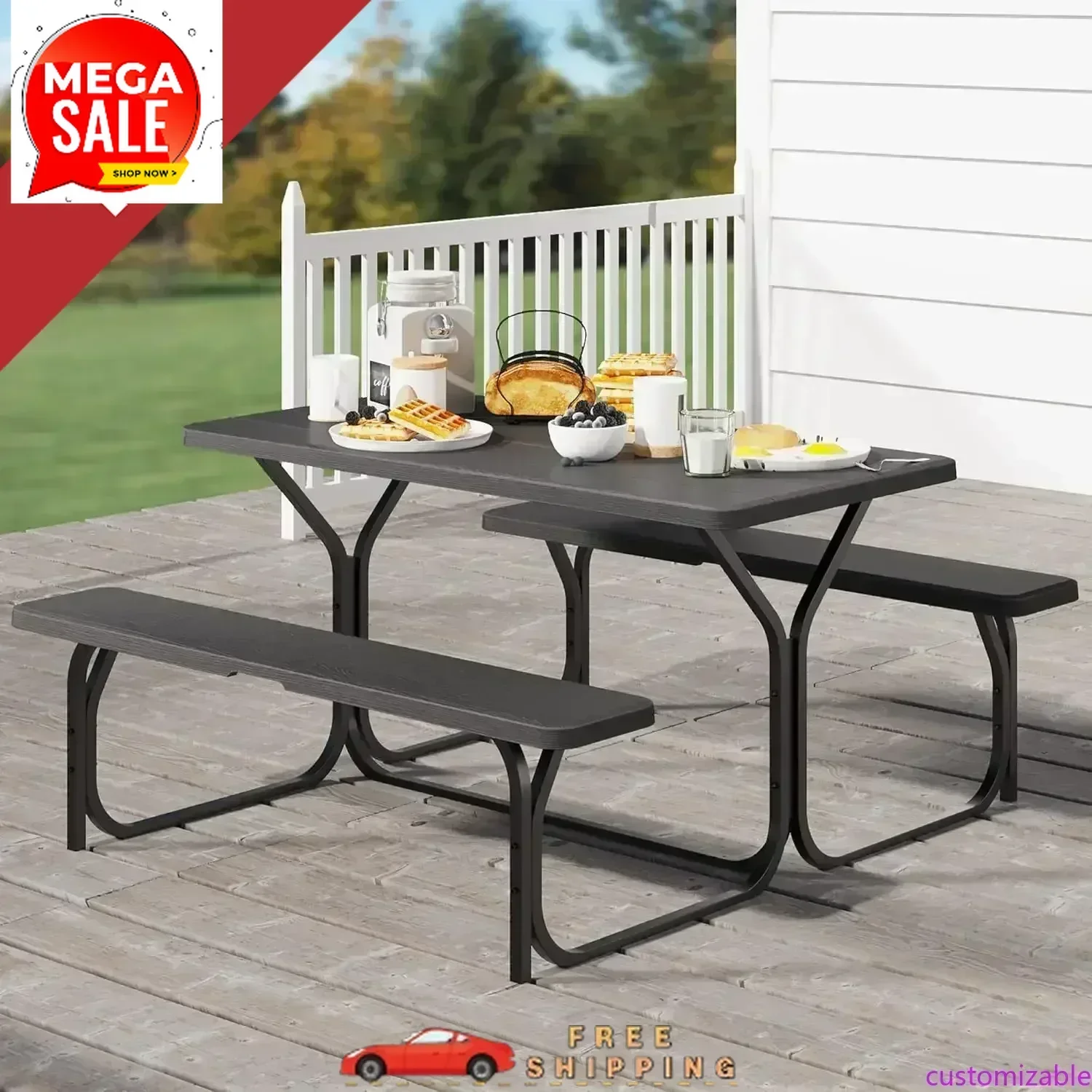Hot-sellingCustomizable Picnic Table 6ft Heavy Duty Outdoor Picnic Table and Bench Resin Tabletop & Stable Steel Frame w/Umbrell