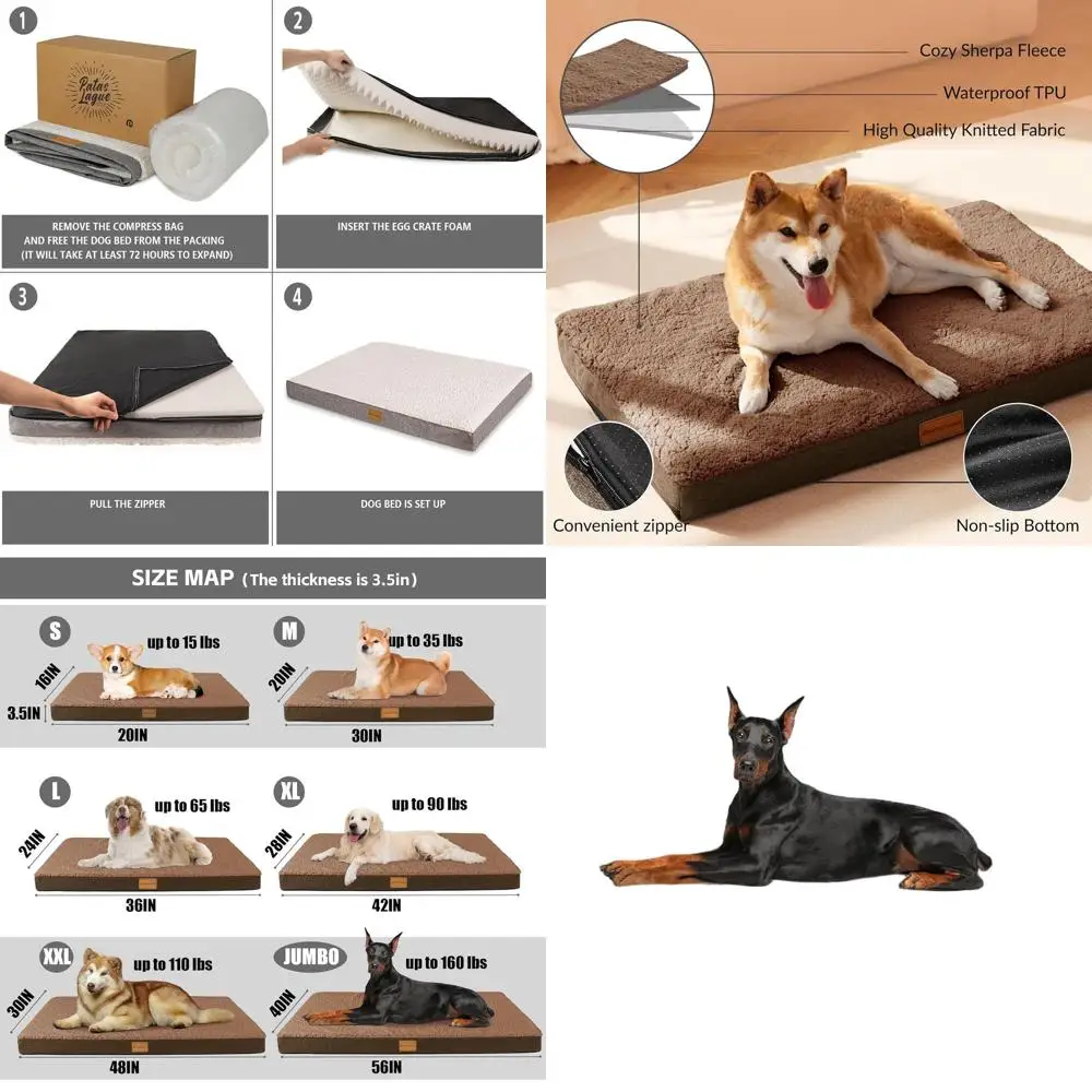 

Ортопедическая лежанка для собак очень большого размера 56x40, водонепроницаемый матрас с ячеистой структурой, со съемным чехлом и противоскользящим основанием, коричневая