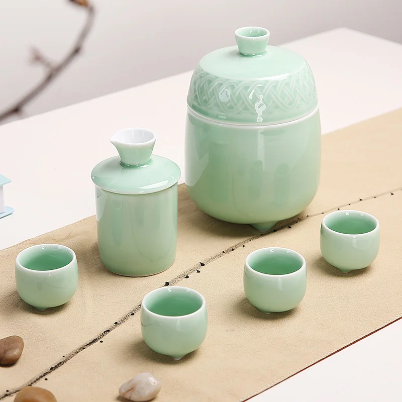 

Chinese Ceramics Warm Wine Pot Set Home Use Blue Porcelain Wine Tools Half Pint Yellow Wine White Cup Traditional Diningware