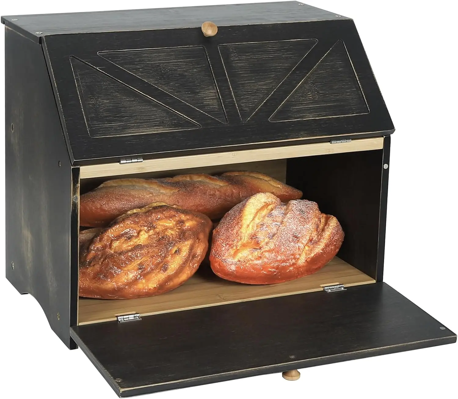 

Double Layer Large Bread Box for Kitchen, Wooden Storage Bin with Clear Window in Rustic Black