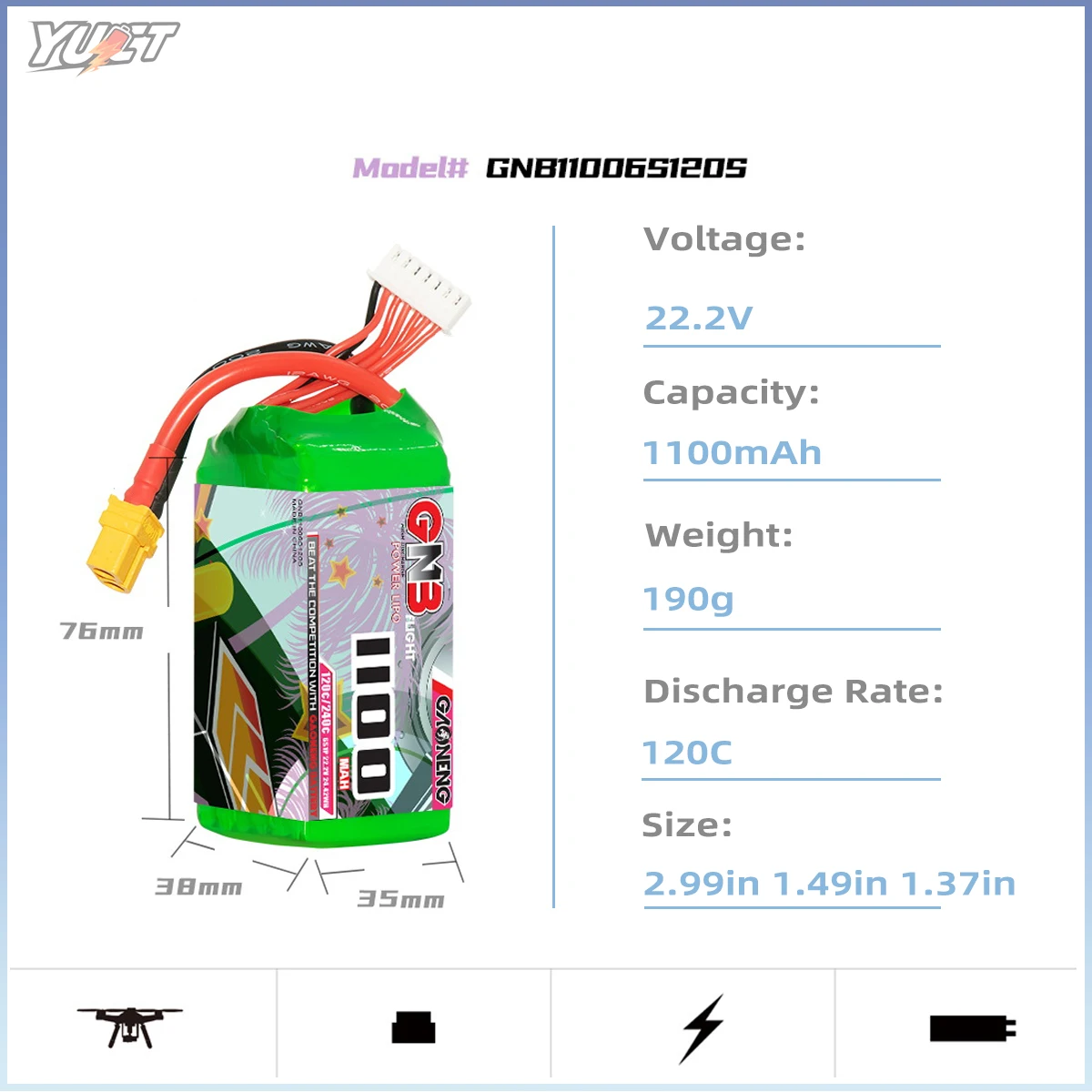 YUCT GNB 6S LiPo Batterie 22,2 V 1100 mAh 1300 mah 14,8 V 4S LIthium Batterie XT60 120C/Max240C Für FPV Drone Quadcopter Tiny Whoop
