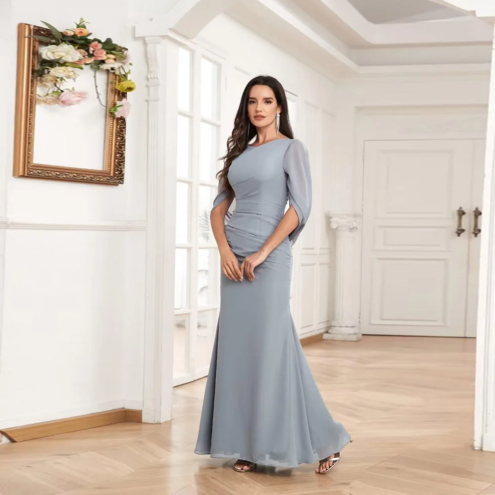 

Customized Exquisite Mermaid Cape Sleeve Mother of The Bride Dresses Long Chiffon Mother of The Groom Dresses for Wedding
