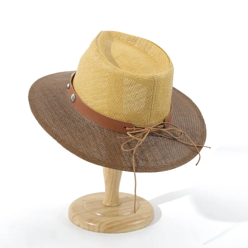 Women Color Block Wide Brim Jazz Straw Hat, Firm Five-point Crown Fine Weave Fedora Hat Summer Outdoor Sun Protection Travel Hat