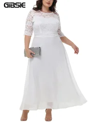 GIBSIE Plus Size White O-Neck Half Sleeve Lace Dress Women Elegant Chiffon High Waist Bridesmaid Party A-line Long Dresses