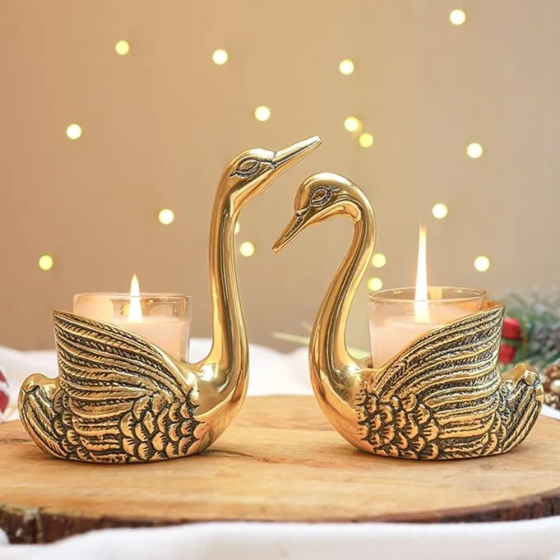Aluminium double swan candle holder with gold finish |   Handmade eco-friendly heat-resistant home decoration