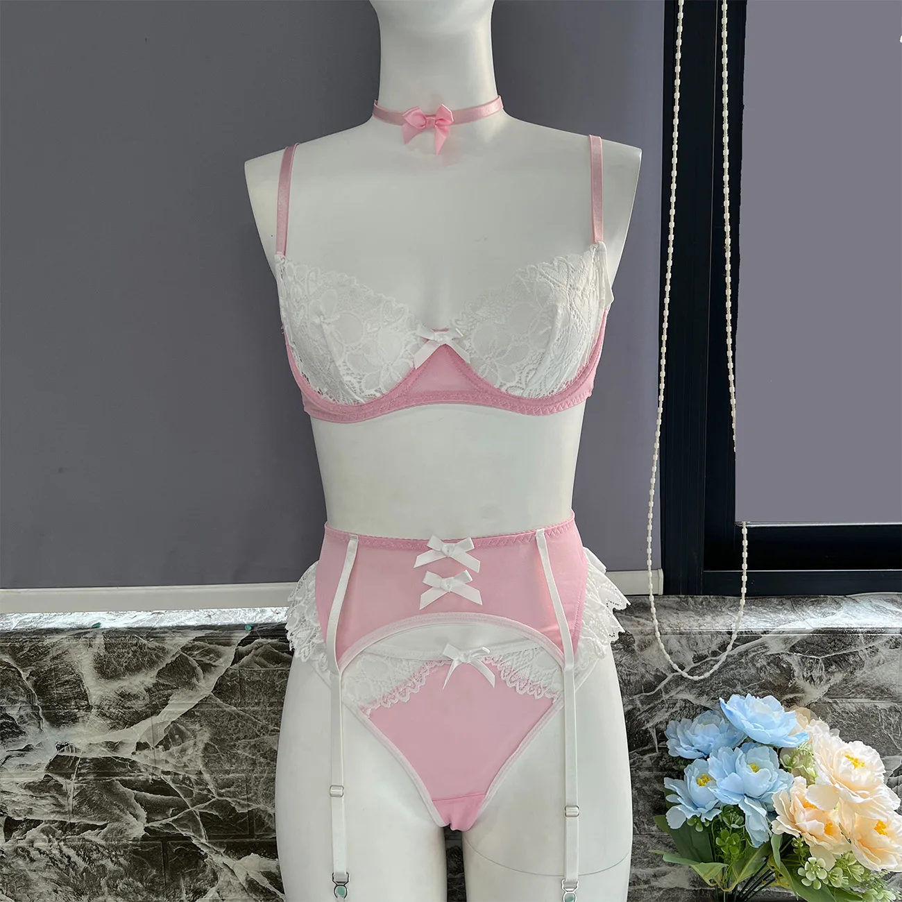 Yimunancy Contrast Color 5-Piece Maid Lingerie Set Women Bow Choker Bra + Ball Breif Underwear Set Stockings Garter Kit