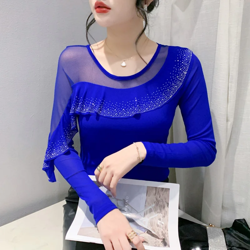 

New Spring Autumn Long Sleeved Women's Tops Fashion Sexy Perspective Mesh T-Shirt Hot Diamond Ruffles Clothes