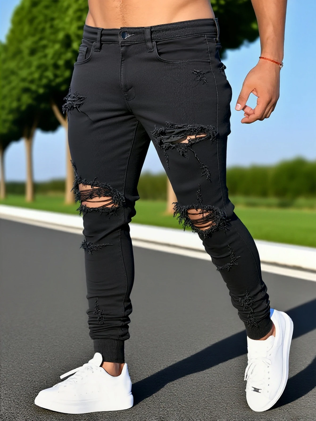 

Мужские черные узкие джинсы с большими драпировками, уникальными потертыми краями и облегающим кроем, легко создавающие модные уличные стили.