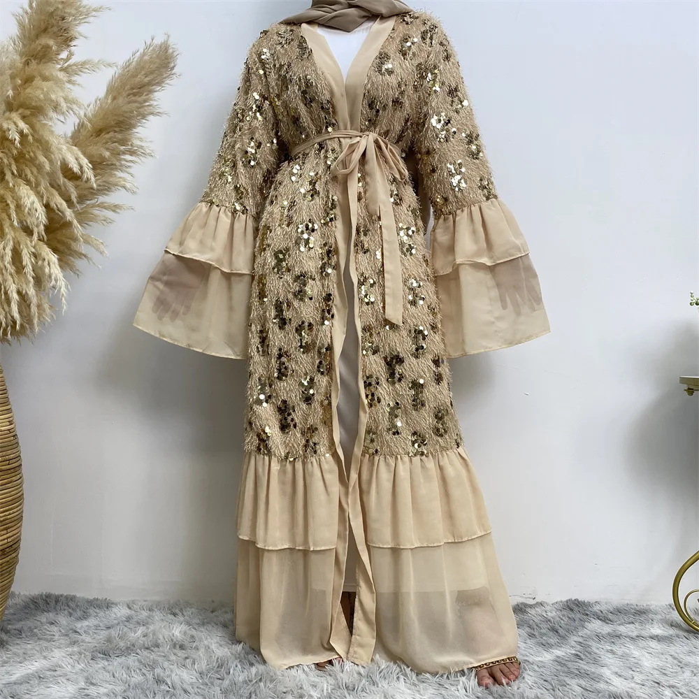 Imagem -02 - Abaya com Lantejoulas e Borla para Mulheres Muçulmanas Quimono Eid Kaftan Dubai Vestido Turquia Jalabiya Islâmico Manto Ramadan Vestido Muçulmano