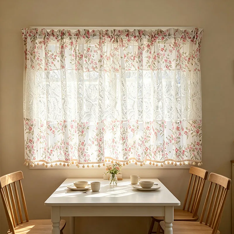 1pc Romantic Pastoral Pink Flower Spliced Window Curtain Paisley Hollow Lace Pom‑pom Fringe Rod Pocket Curtain for Home Decor