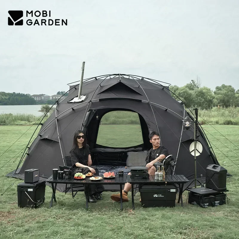 

MOBI GARDEN Dome Tent With Snow Skirt Chimney Black Spherical Waterproof Tent Camping Outdoor Large Space Travel Nylon Tent 70D