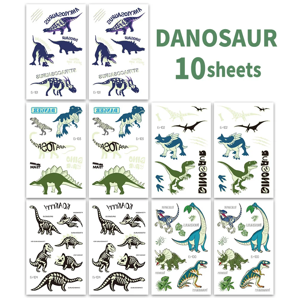10 Blatt im Dunkeln leuchtende temporäre Dinosaurier-Tattoos – wasserfeste, leuchtende, einfach anzubringende Aufkleber für Geburtstagsfeiern und Geschenke – F – Detail 2