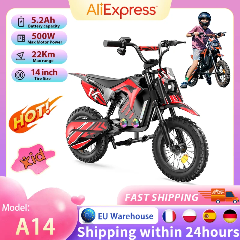 Moto électrique pour enfants A14, moteur 500W, autonomie 22 km, batterie 36V 5.2Ah, 3 vitesses (27 km/h), double freinage, amortisseurs, lumières pour le plaisir en extérieur