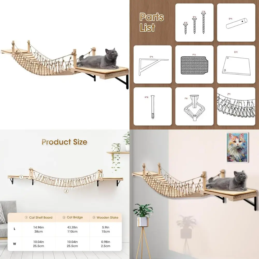 

Indoor Cat Rope Bridge with Wall-Mounted Shelves, Sisal Scratch Mat for Sleeping, Playing, and Climbing