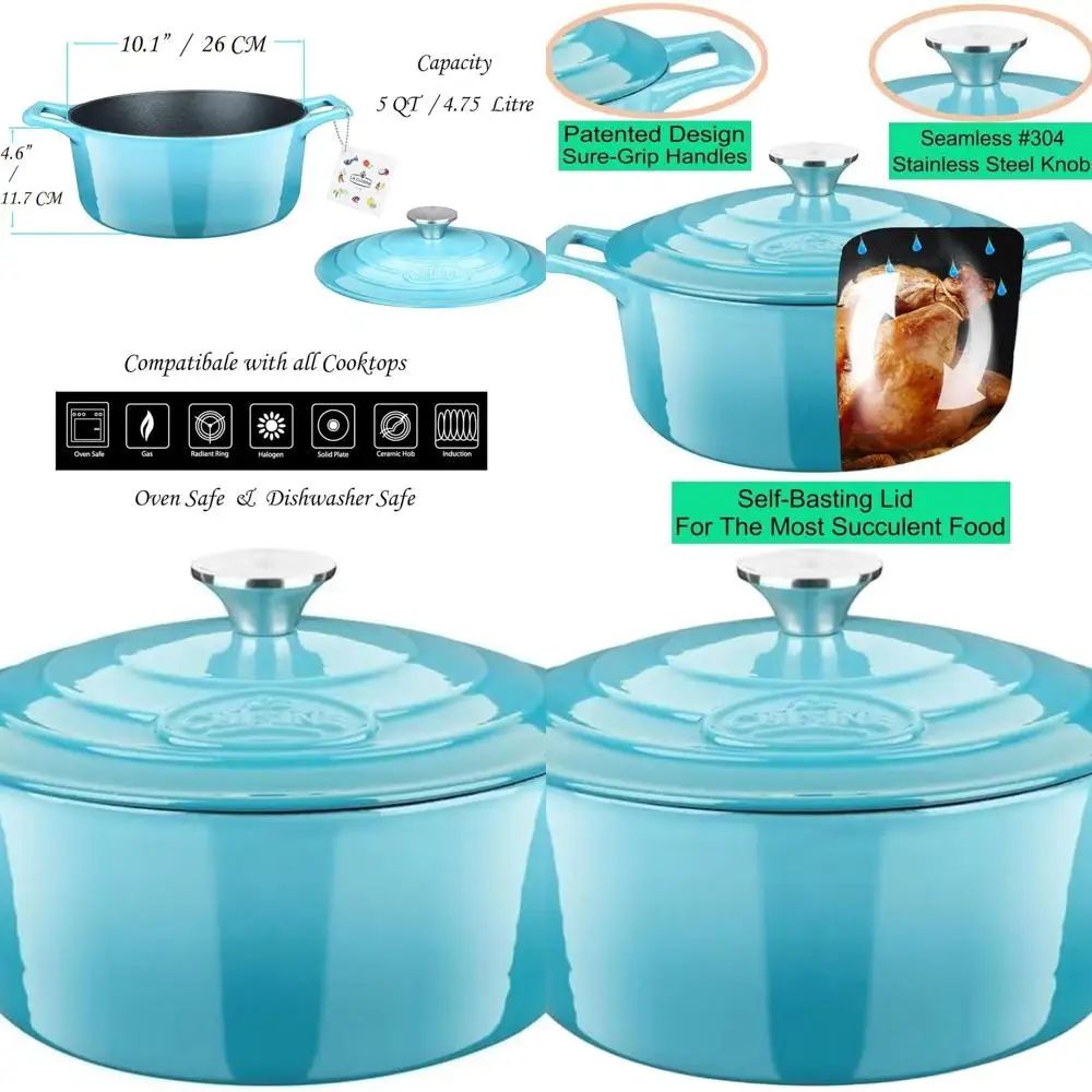 

5-Quart Matte Black Enameled Cast Iron Dutch Oven, Casserole, Pot with Teal Exterior Finish
