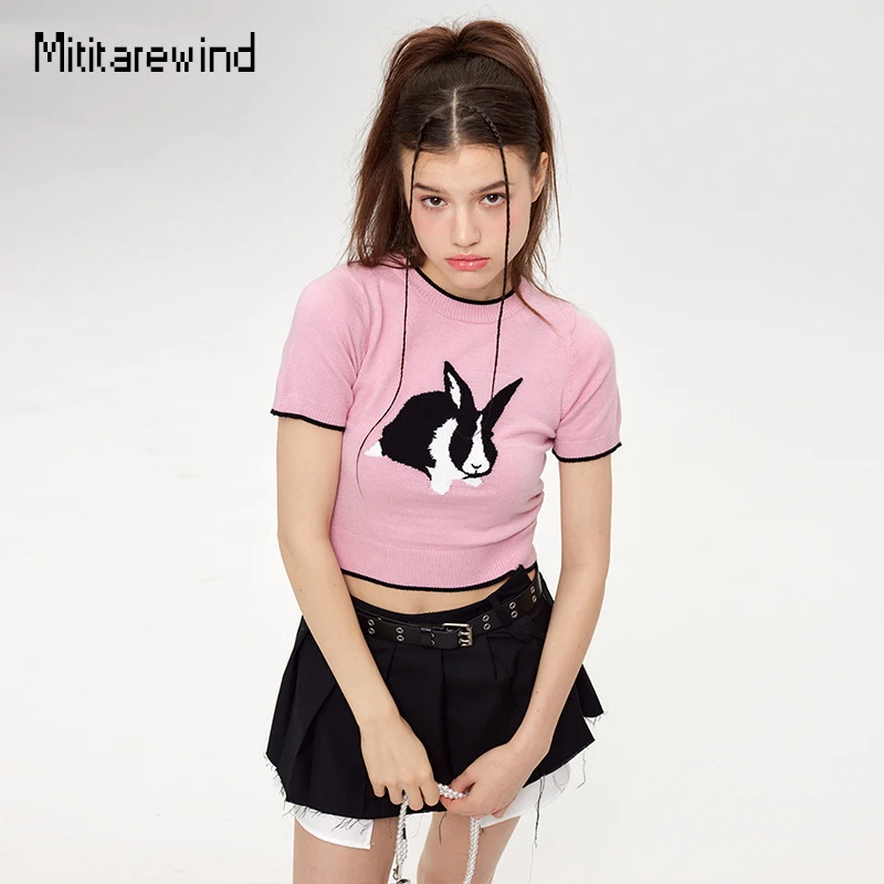 

Spring Summer Knitted T-shirt Women Japanese Style Short Sleeve Sweet Cute Rabbit Chic Design Hot Girl Short Crop Top Women
