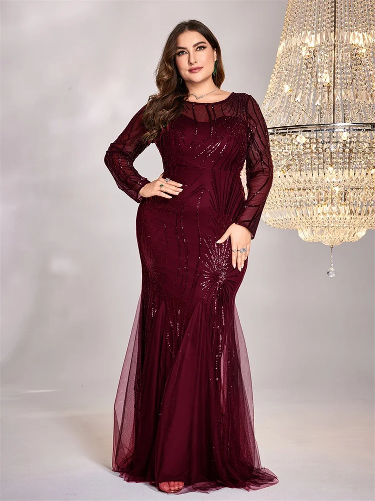 Plus Size Red Elegant Long Sleeves Sequin Tulle Evening Dresses Women Luxury O-neck Mermaid Formal Wedding Party Maxi Prom Gown view 5