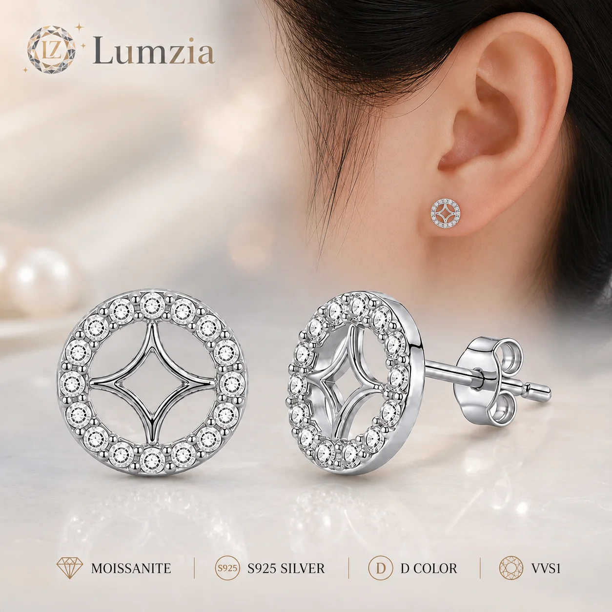 Moissanite Stud Earrings Four Point Star S925 Sterling Silver 1.05mm 32 Stones 3 Colors for Women GRA Certified