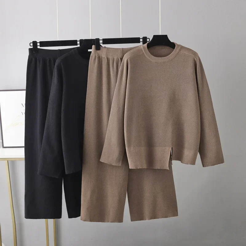 Warm Knit Sweater Set Women's Tracksuit Sets Autumn Winter Solid Color Sweater and Elastic Trousers Suits Knitted Two Piece Set