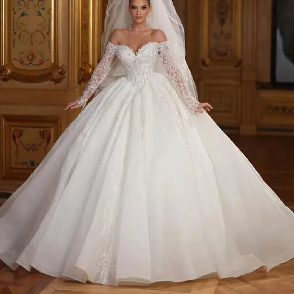 Sparkly Beading Sequins Wedding Dress Formal Wear V Neck Long Sleeves Appliques A Line Bridal Gowns Customized Vestiod Novias