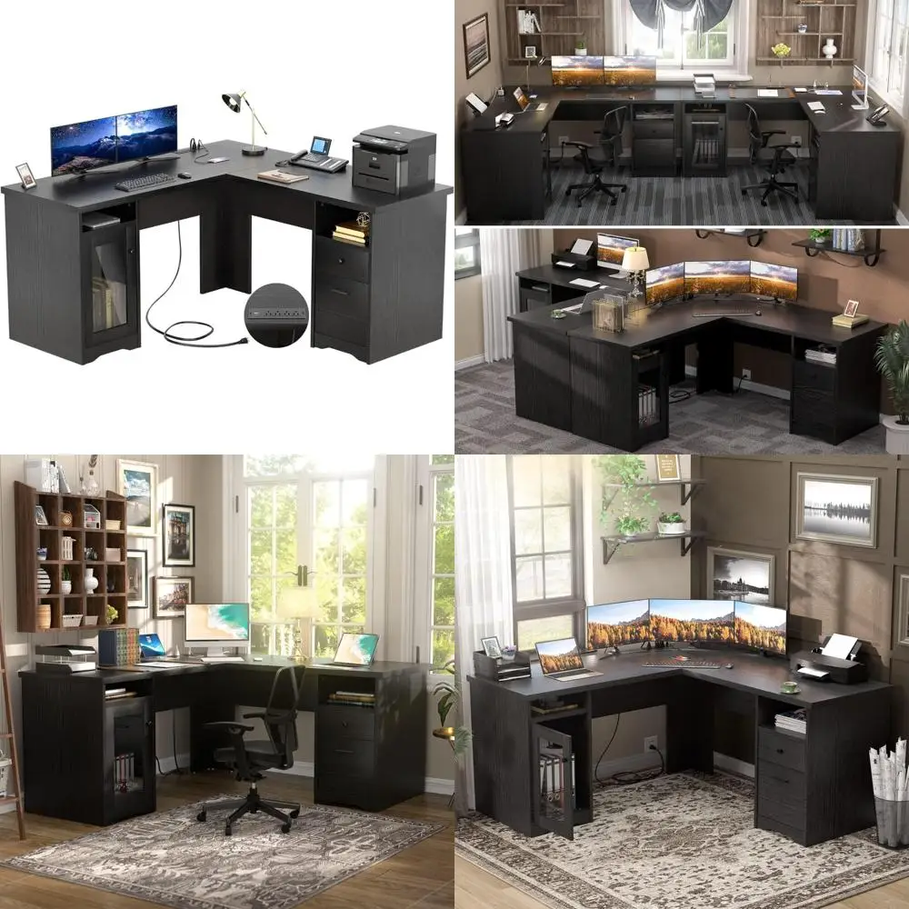 مكتب مكتب على شكل حرف L مقاس 60 بوصة مع درج ومخرج طاقة ومنفذ شحن USB #1