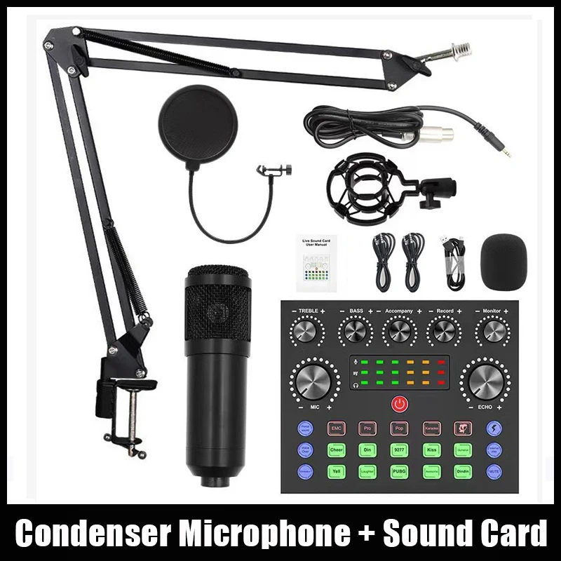 Studio Condenser Microphone Bundle with Sound Card Podcast Equipment Kit for Laptop Recording Streaming/Live DJ Audio Mixer