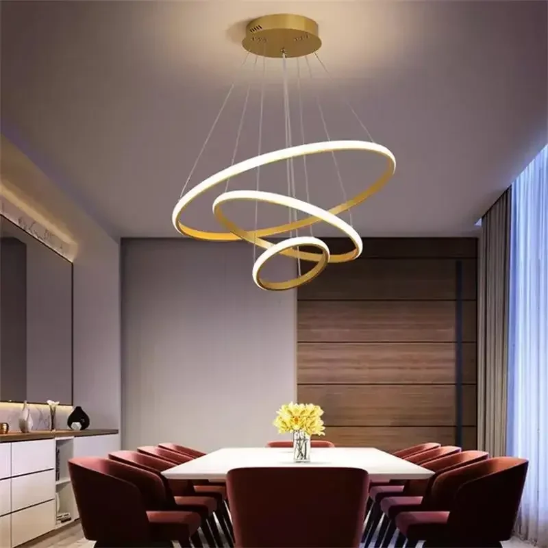 Modern LED chandelier three-circle round chandelier bedroom living room dining room gold black simple chandelier