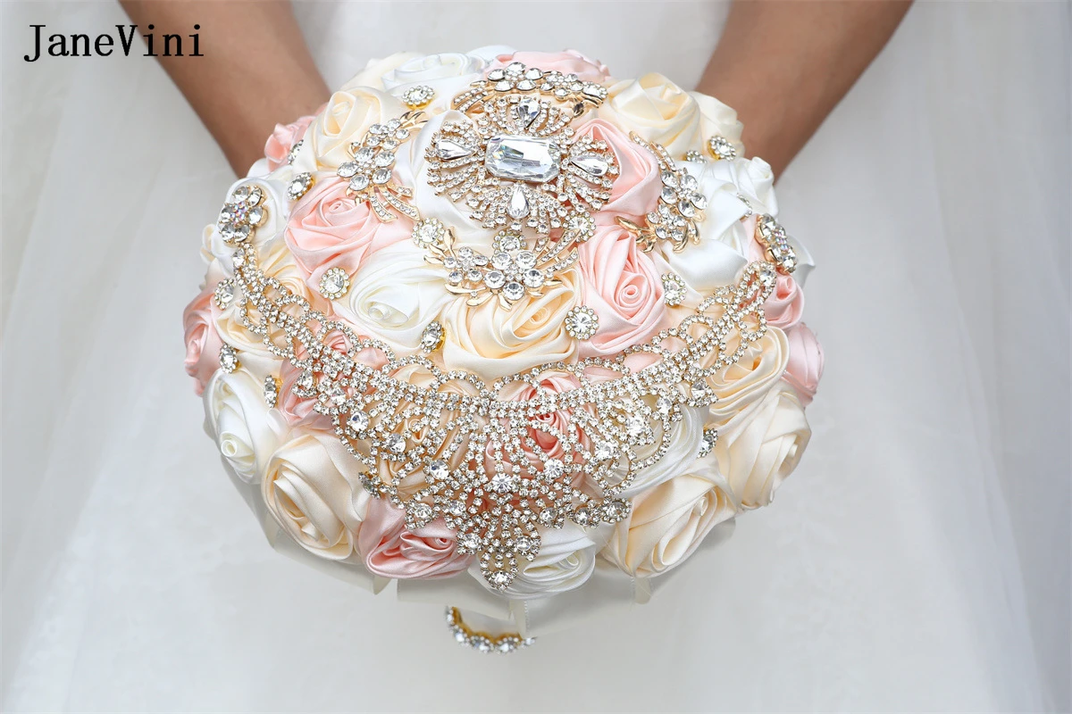 JaneVini Elegant Light Pink Ivory Bridal Bouquets Luxury Rhinestone Crystal Ribbon Roses Fake Flower Bouquet Wedding Accessories