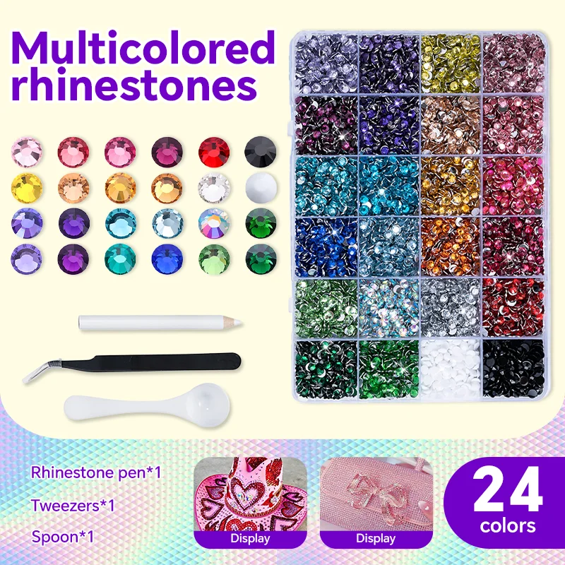 Kit de strass en résine 24 couleurs, non thermocollant, avec cristaux scintillants, pour vêtements, bricolage, ongles, téléphones, lunettes, chapeaux, etc.