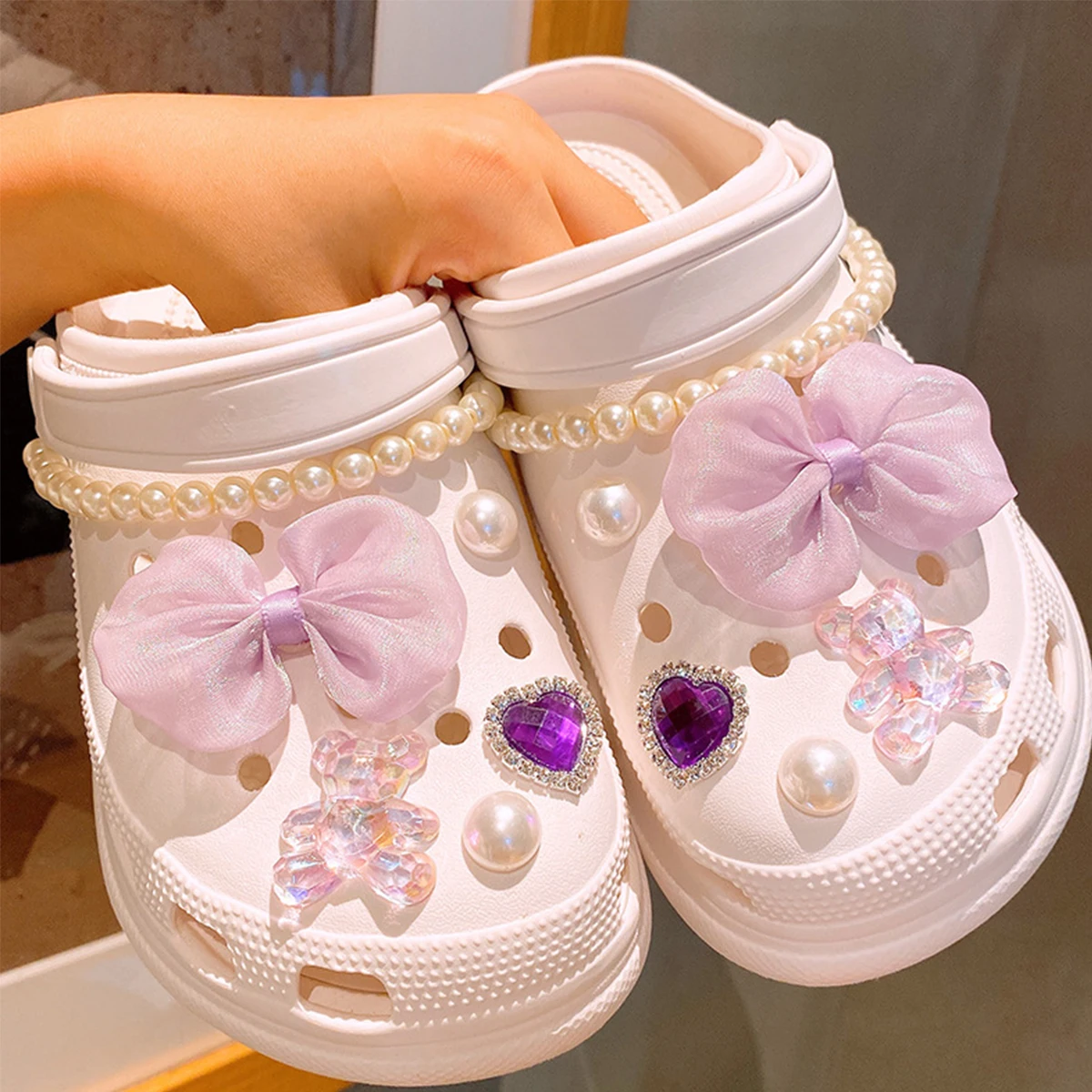 Purple Bow Shoe Charms Set, Pearl Chain Crystal Bear Rhinestone Accessories for Crocs, DIY Decor