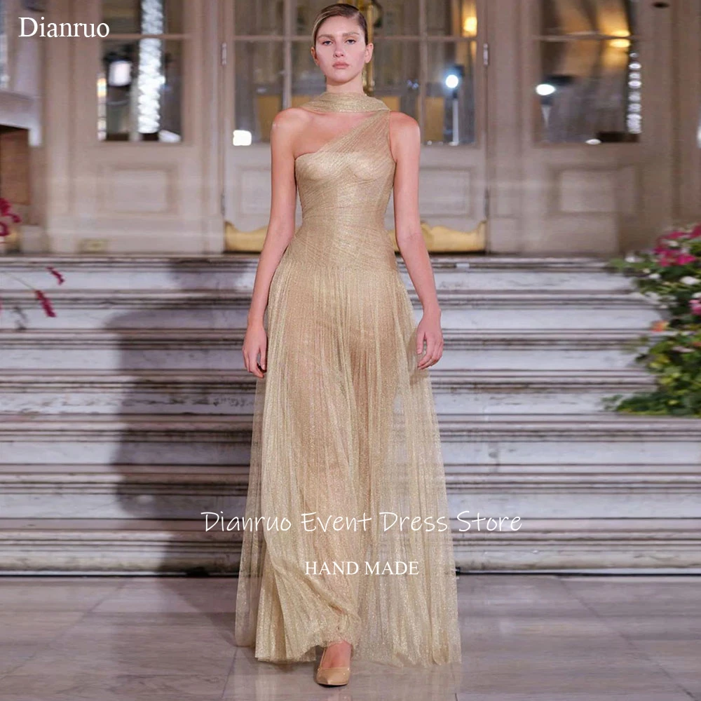 Dianruo فساتين سهرة من التل الذهبي بكتف واحد رسمية على شكل حرف A رداء حفلات أشرطة مكشكشة فيستدوس دي متدرج مخصص #1