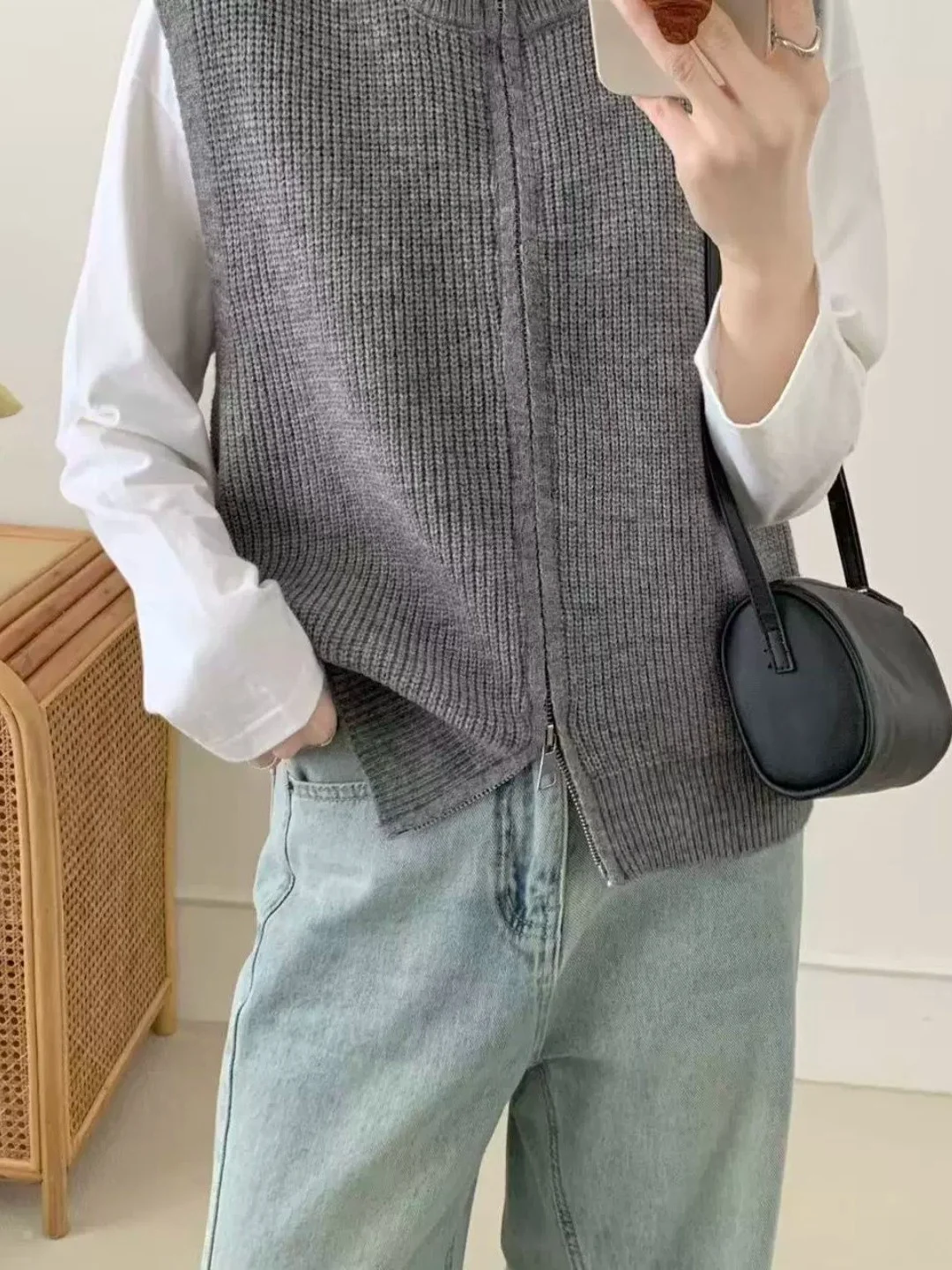Premium Double Head Zipper Knitted Open Cardigan Vest Women's Autumn New Style Korean Versatile Layered Sweater Vest Top