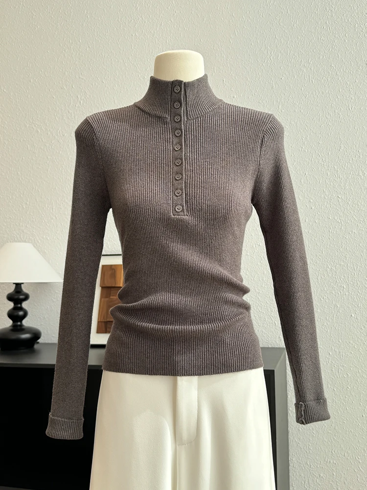 

Autumn Winter High Ne Slim Fit Knitted Sweater Women's Sle Button Base Layer Top Comfortable Elastic Korean Version Long ...