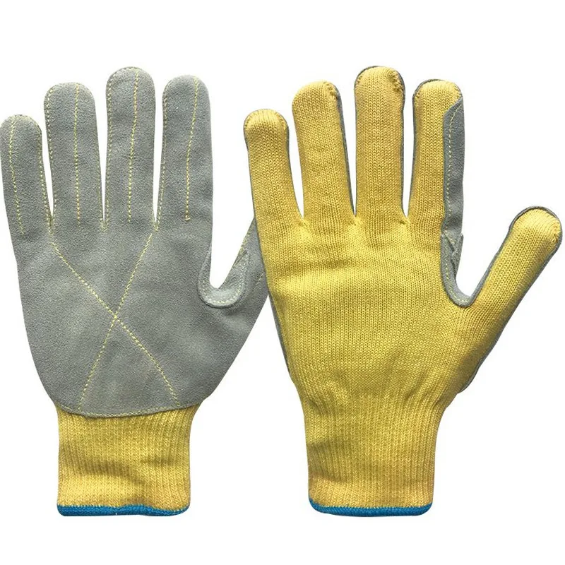 Leather gloves, fire-, flame-retardant, cut-, and heat-resistant, with protective padding, made of cowhide