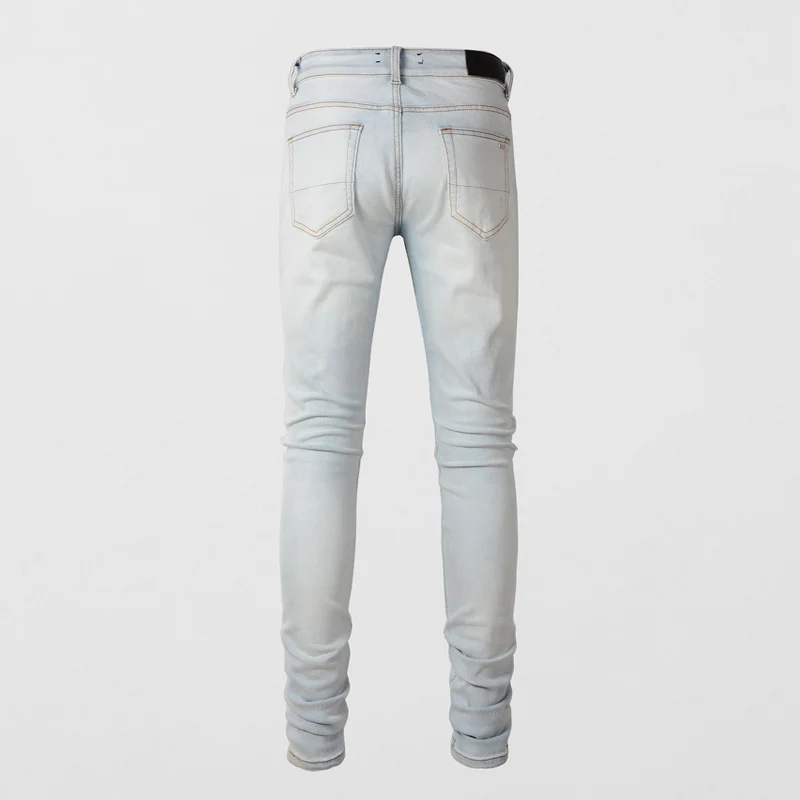 

Y2k Fashion New Men's High Quality Jeans Perforated White Patched Water Washed Nostalgic Stretch Slimming Bag Light Blue Jeans H