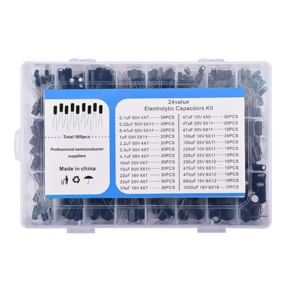 

500pcs/box Aluminum Electrolytic Capacitor Electrolytic Capacitors Kit 24Value Range 0.1uF-1000uF Capacitors Assortment Kit